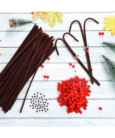 750 Pieces Christmas Pipe Cleaners Set Including 150 Pieces Brown Pipe Cleaners Chenille Stems 200 Pieces Red Pom Poms and 40...