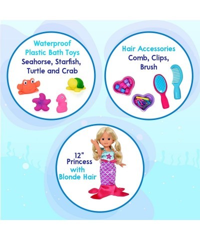 Mermaid Doll 12 Inch Princess Doll with Blonde Hair and Hair Accessories Comb Clips Brush Waterproof Plastic Bath Toys Seahor...