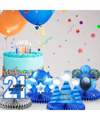 9 Pieces 21st Birthday Decorations for Him Boys Blue Happy 21st Birthday Honeycomb Centerpieces Table Topper for Boy Twenty O...