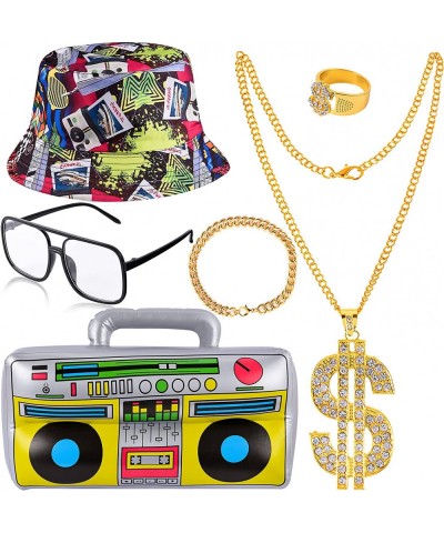 80s 90s Hip Hop Costume Kit Includes Bucket Hat Sunglasses Dollar Sign Chain Ring Earring Inflatable Radio Boombox Mobile Pho...