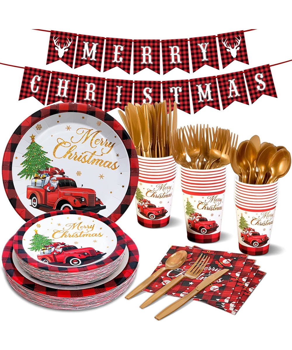 Christmas Party Supplies Serves 24 Large Christmas Paper Plates Buffalo Plaid Napkins Christmas Banner Party Cups and Utensil...