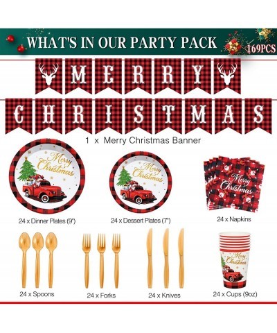 Christmas Party Supplies Serves 24 Large Christmas Paper Plates Buffalo Plaid Napkins Christmas Banner Party Cups and Utensil...