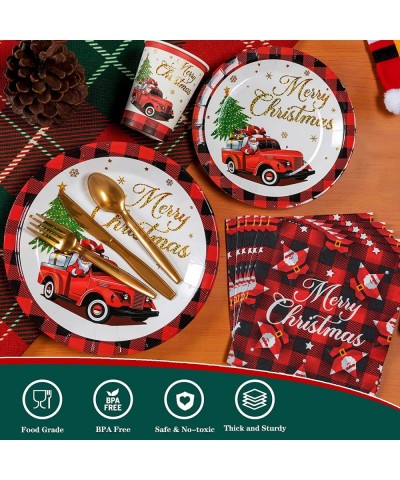 Christmas Party Supplies Serves 24 Large Christmas Paper Plates Buffalo Plaid Napkins Christmas Banner Party Cups and Utensil...