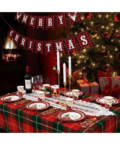 Christmas Party Supplies Serves 24 Large Christmas Paper Plates Buffalo Plaid Napkins Christmas Banner Party Cups and Utensil...