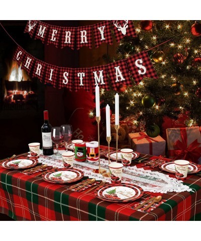 Christmas Party Supplies Serves 24 Large Christmas Paper Plates Buffalo Plaid Napkins Christmas Banner Party Cups and Utensil...