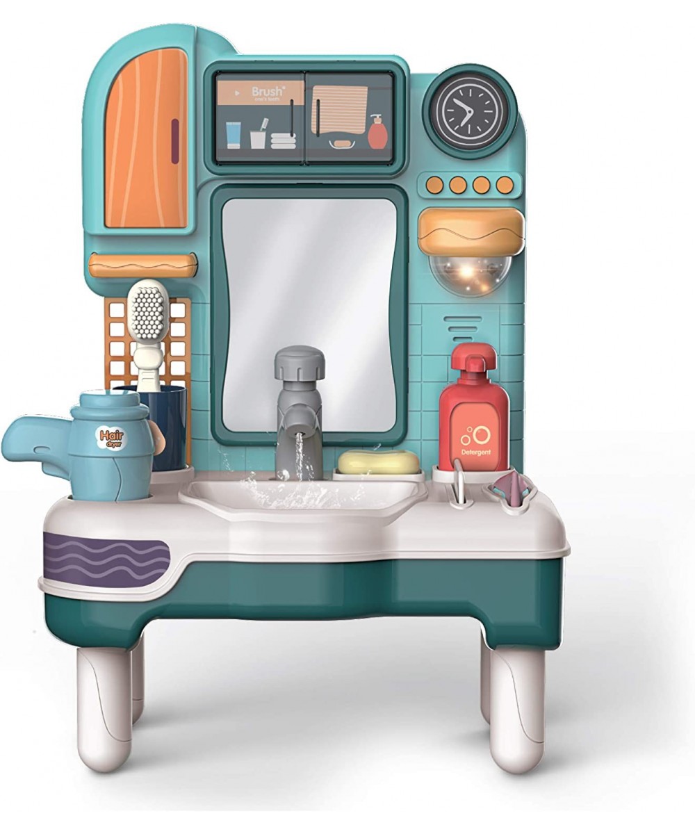 Kids' Wash Up Sink Pretend Playset Bathroom Vanity Mirror with Sink and Running Water and Light Realistic Playset with Toy Ba...