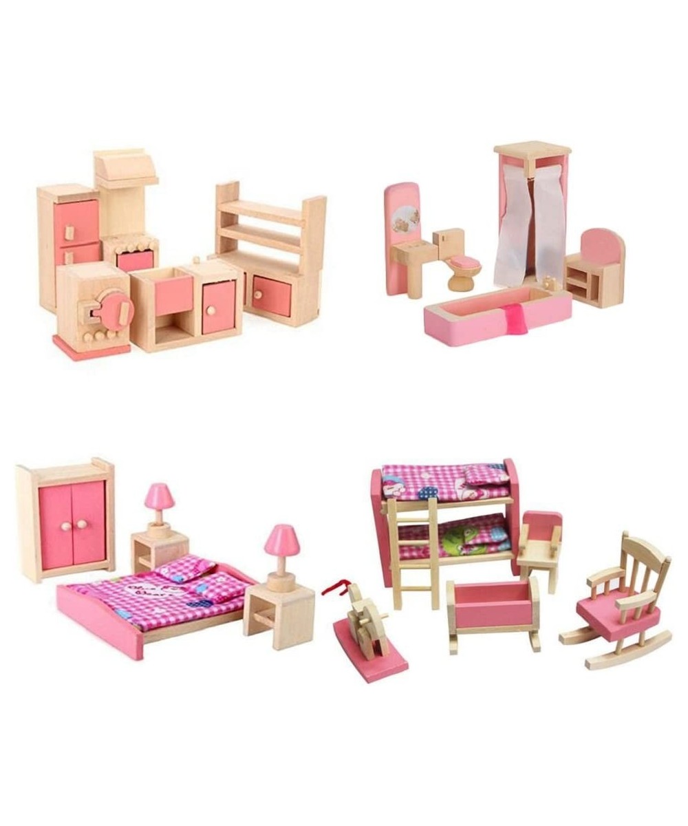 Wooden Dollhouse Furniture Set Including Kitchen Bathroom Bedroom Kid Room for Dollhouse Pink Color $48.86 Dollhouse Accessories