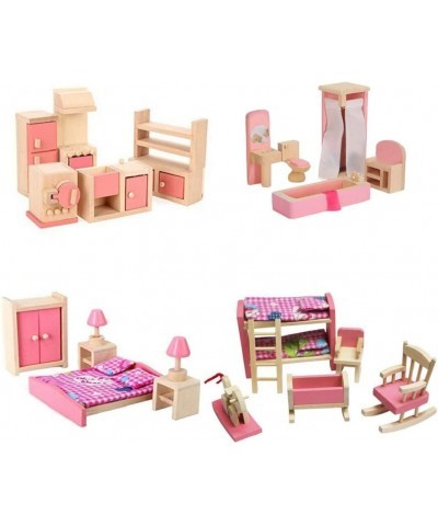 Wooden Dollhouse Furniture Set Including Kitchen Bathroom Bedroom Kid Room for Dollhouse Pink Color $48.86 Dollhouse Accessories