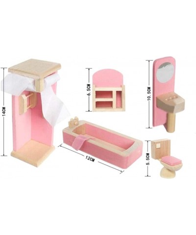 Wooden Dollhouse Furniture Set Including Kitchen Bathroom Bedroom Kid Room for Dollhouse Pink Color $48.86 Dollhouse Accessories