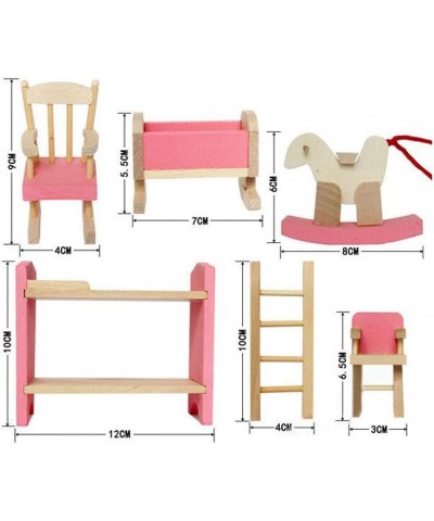 Wooden Dollhouse Furniture Set Including Kitchen Bathroom Bedroom Kid Room for Dollhouse Pink Color $48.86 Dollhouse Accessories