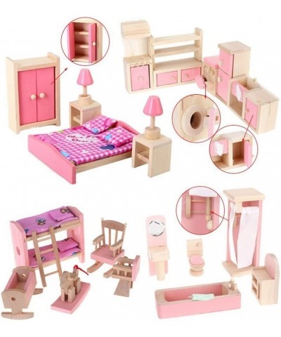 Wooden Dollhouse Furniture Set Including Kitchen Bathroom Bedroom Kid Room for Dollhouse Pink Color $48.86 Dollhouse Accessories