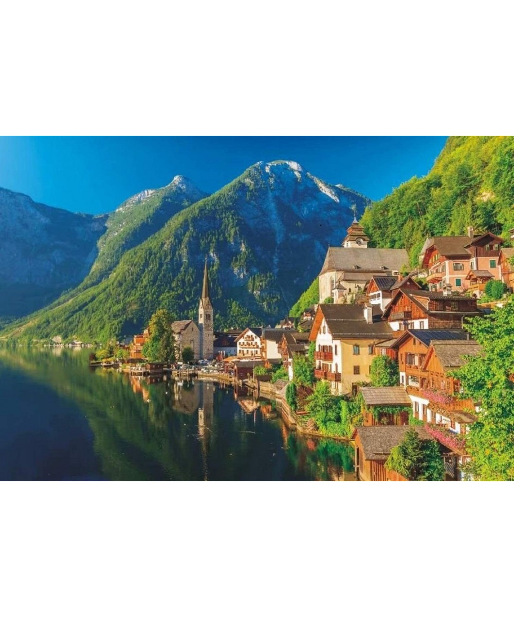 Queenie® Stained Art 1000 Piece European Austria Hallstatt Lakeside Village Scenic DIY Wooden Jigsaw Puzzles for Home Photo F...