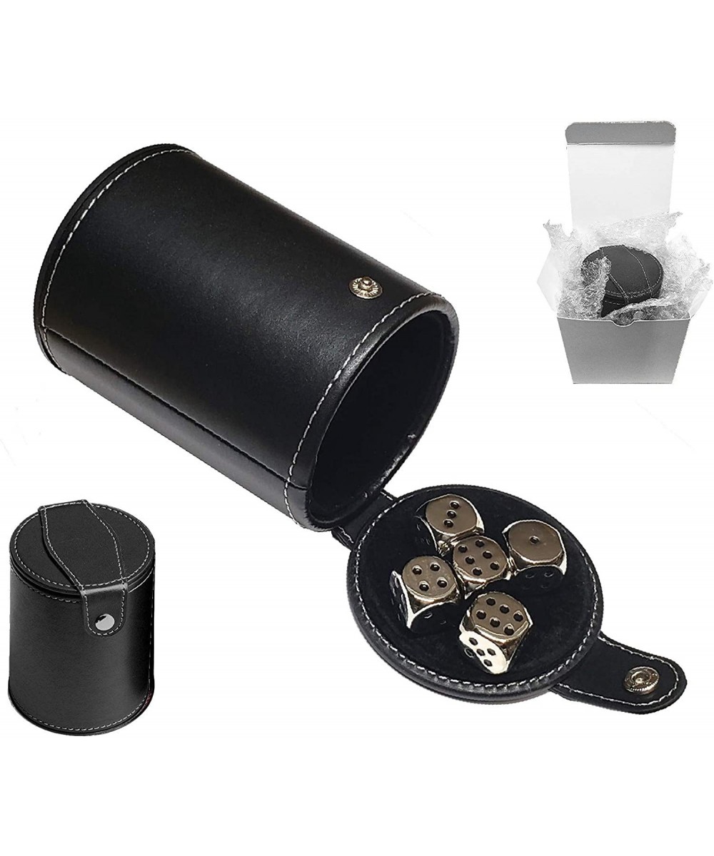 Set of Dice Cup Black PU Leather with Storage Compartment Black Felt Lined + 16mm Zinc Alloy Metal Dice Gift Boxed $39.41 Gam...