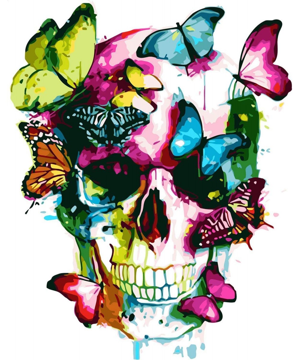 Frameless Paint by Numbers for Adults Children - Colorful Skull & Butterflies 16*20 inches Linen Canvas - DIY Painting by Num...