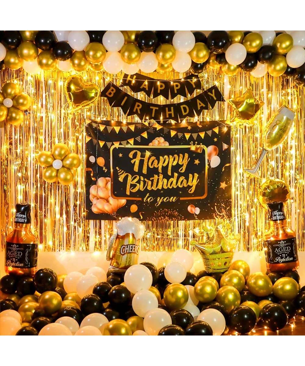 Birthday Party Decoration for Men Gold Curtains Birthday Backdrop Banner & Balloons Set Party Supplies with String Light for ...