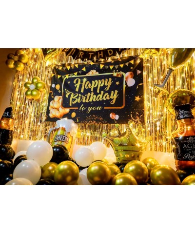 Birthday Party Decoration for Men Gold Curtains Birthday Backdrop Banner & Balloons Set Party Supplies with String Light for ...