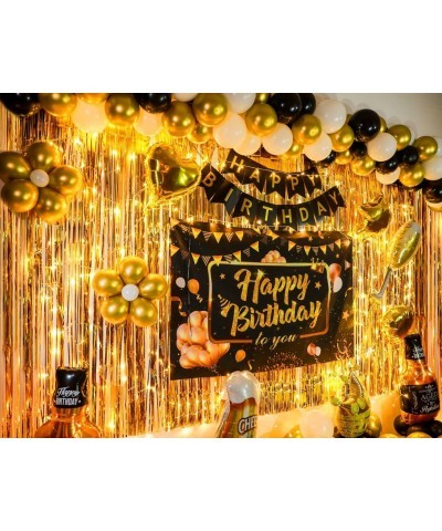 Birthday Party Decoration for Men Gold Curtains Birthday Backdrop Banner & Balloons Set Party Supplies with String Light for ...