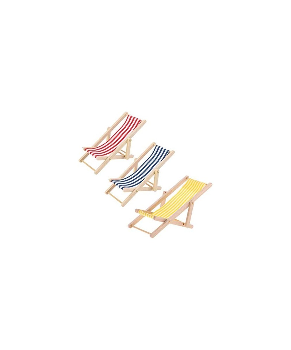 3pcs 1:12 Miniature Foldable Wooden Beach Chair Mini Deck Chair Longue Deck Chair Mini Furniture Accessories with Red/ Blue S...