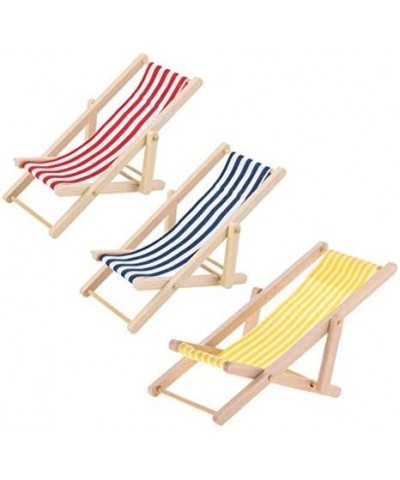 3pcs 1:12 Miniature Foldable Wooden Beach Chair Mini Deck Chair Longue Deck Chair Mini Furniture Accessories with Red/ Blue S...