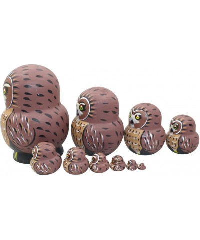 Cute Vivid Big Belly Shape Red Round Eyes Brown Owl Handmade Wooden Russian Nesting Dolls Matryoshka Dolls Set 10 Pieces for ...