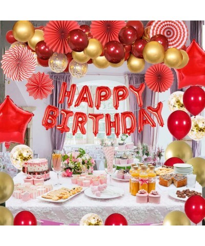 Birthday Decorations for Women Red Gold Happy Birthday Banner Party Decorations Kit for Girls Men Paper Fans Fringe Curtain F...