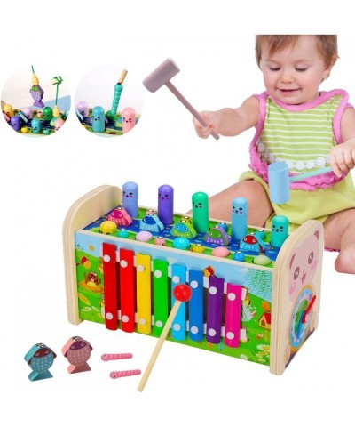 7 in 1 Wooden Hammering Whack-a-mole Toys Xylophone Montessori Toys Pounding Bench with Fishing Game Clock Learning Toy for T...