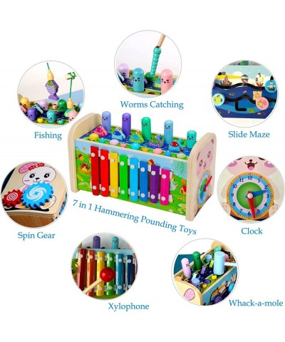 7 in 1 Wooden Hammering Whack-a-mole Toys Xylophone Montessori Toys Pounding Bench with Fishing Game Clock Learning Toy for T...