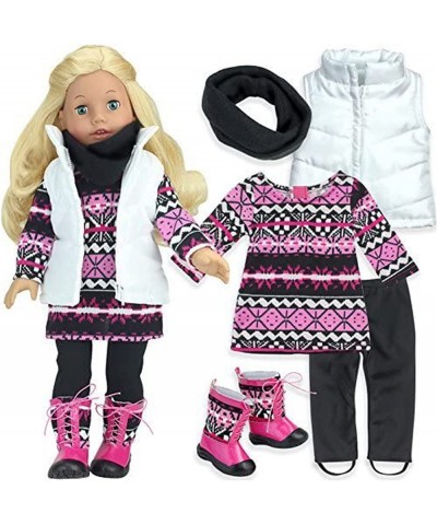 Doll Knit Aztec Print Dress Black Leggings Black Scarf White Puffy Vest and Pink Winter Snow Boots Outfit 5 Piece Set for 18"...