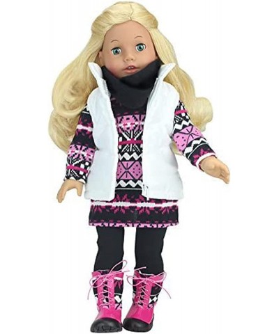 Doll Knit Aztec Print Dress Black Leggings Black Scarf White Puffy Vest and Pink Winter Snow Boots Outfit 5 Piece Set for 18"...