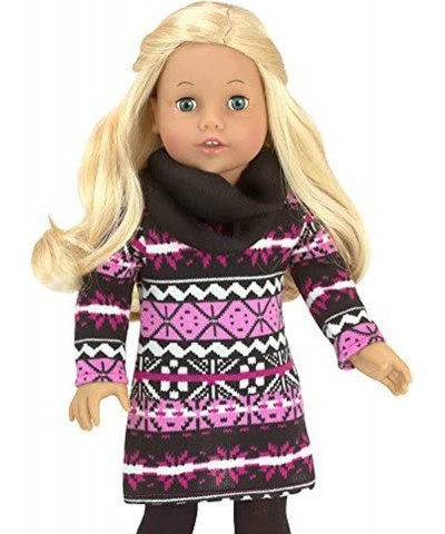 Doll Knit Aztec Print Dress Black Leggings Black Scarf White Puffy Vest and Pink Winter Snow Boots Outfit 5 Piece Set for 18"...