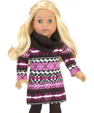 Doll Knit Aztec Print Dress Black Leggings Black Scarf White Puffy Vest and Pink Winter Snow Boots Outfit 5 Piece Set for 18"...