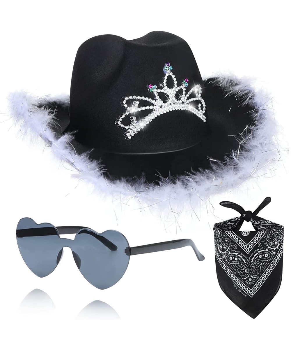 3pcs Cowboy Hat Crown Tiara Felt Cowgirl Hat with Feather Trim Cowboy Dress Up Hat Bandana Sunglasses Western Party Hat $35.5...