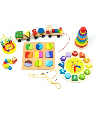 Variety Toy Pack of 6 Wooden Toys - Montessori Toys for Toddlers - Stacking Toys Lacing Toy Wooden Toys Bead Maze Shape Puzzl...