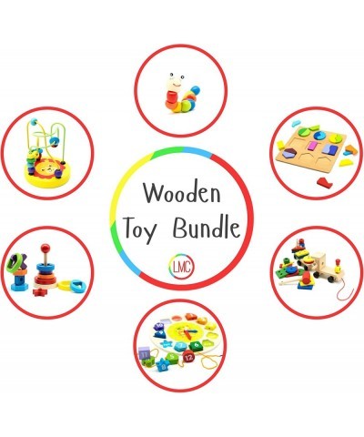 Variety Toy Pack of 6 Wooden Toys - Montessori Toys for Toddlers - Stacking Toys Lacing Toy Wooden Toys Bead Maze Shape Puzzl...