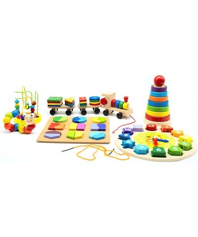 Variety Toy Pack of 6 Wooden Toys - Montessori Toys for Toddlers - Stacking Toys Lacing Toy Wooden Toys Bead Maze Shape Puzzl...