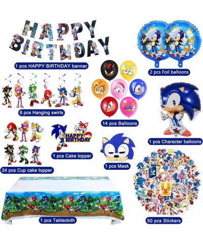 Sonic Birthday Party Supplies 101 PCS Decorations Set Include Banner Balloons Hanging Swirls Cake Cupcake Toppers Stickers Ta...