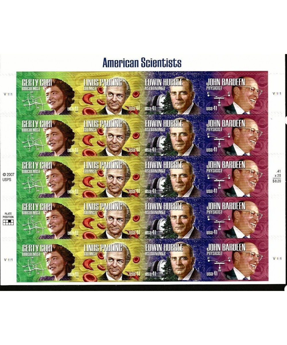 AMERICAN SCIENTISTS ~ JOHN BARDEEN ~ EDWIN HUBBLE ~ LINUS PAULING ~ GERTY CORI 4227 Pane of 20 x 41¢ US Postage Stamps $22.65...