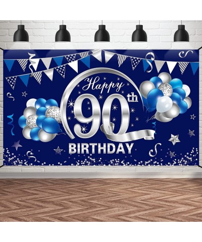 Blue Silver 90th Birthday Banner Decorations for Men - Happy 90 Birthday Backdrop Party Supplies Décor - Ninety Birthday Post...