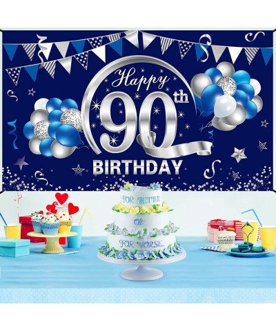 Blue Silver 90th Birthday Banner Decorations for Men - Happy 90 Birthday Backdrop Party Supplies Décor - Ninety Birthday Post...