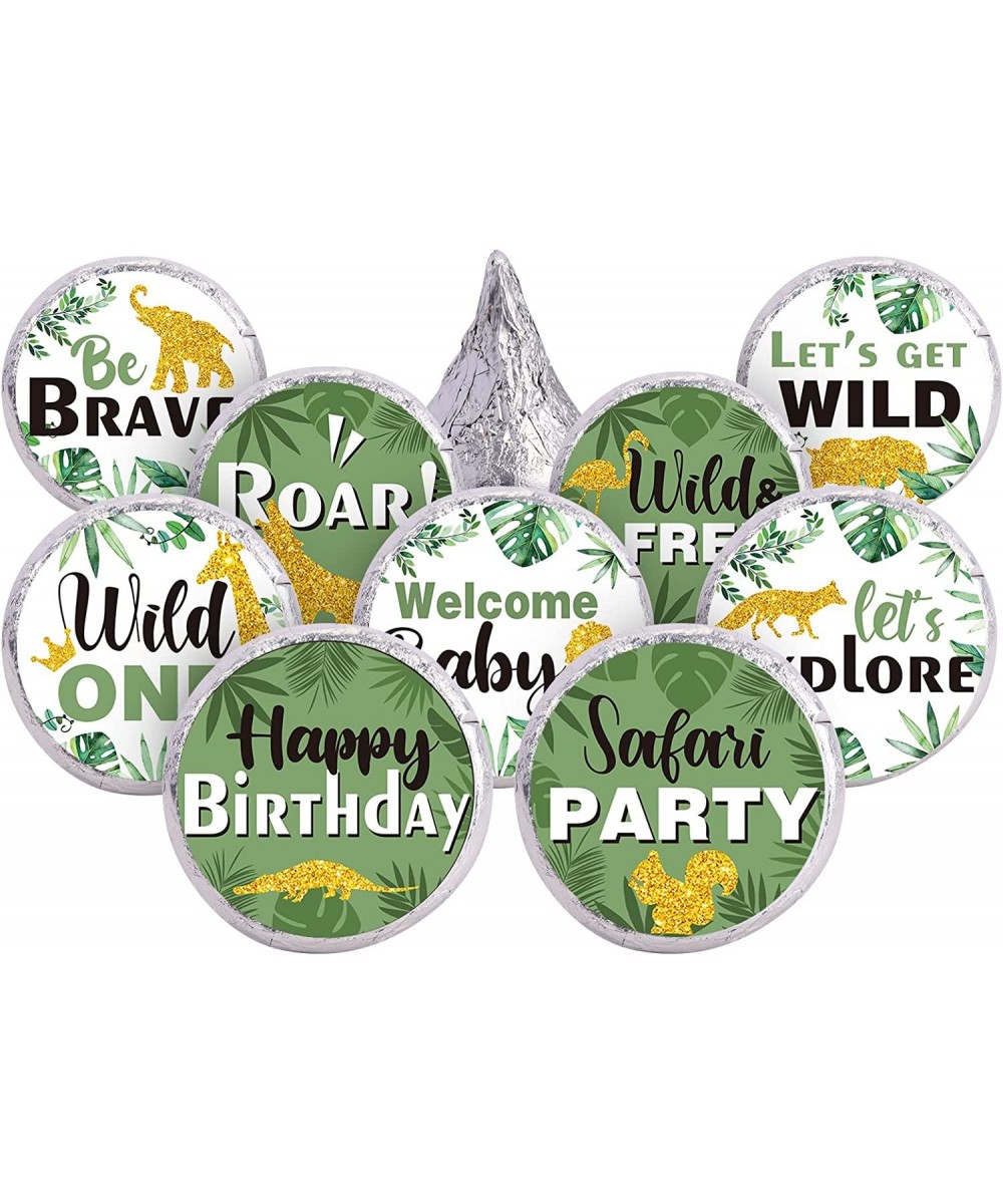 Jungle Safari Favor Stickers Gold Glitter Wild One Baby Shower Stickers Palm Leaves Wild Animals Labels Classic Round Safari ...