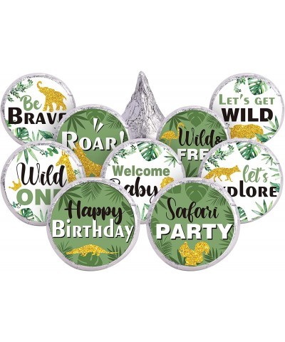 Jungle Safari Favor Stickers Gold Glitter Wild One Baby Shower Stickers Palm Leaves Wild Animals Labels Classic Round Safari ...