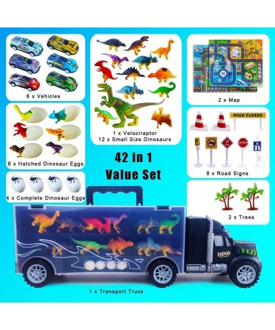 42 in 1 Dinosaur Play Truck Toy Car Transporter Carrier Set Include Dinosaur Figures & Mini Eggs Racing Cars with Play Maps R...