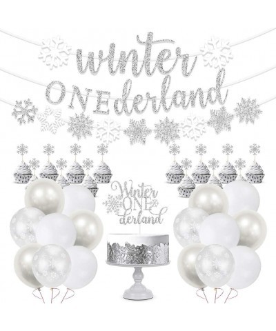 Winter Onederland 1st Birthday Party Decorations Glitter Silver Winter Onederland Banner Cake Topper Snowflake Balloons Garla...