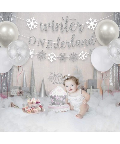 Winter Onederland 1st Birthday Party Decorations Glitter Silver Winter Onederland Banner Cake Topper Snowflake Balloons Garla...