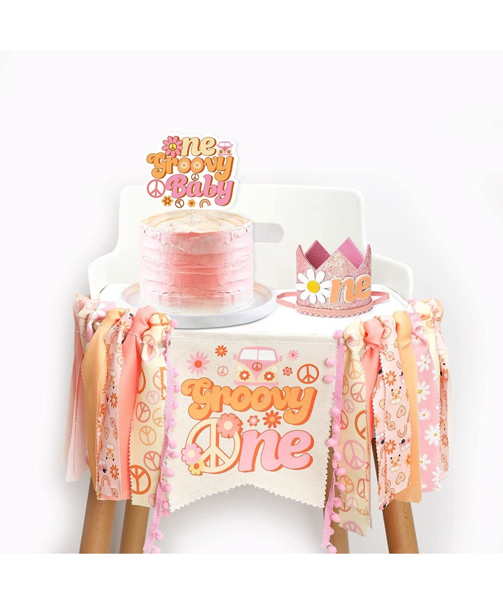 Groovy One High Chair Banner Kit Hippie 1st Birthday Decorations for Pink Boho Cake Smash Daisy Photo Booth Props One Retro G...