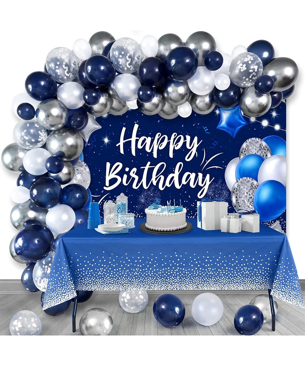 87Pcs Navy Blue Happy Birthday Party Decorations Navy Blue and Silver Balloon Garland Arch Kit & Birthday Backdrop & Tableclo...