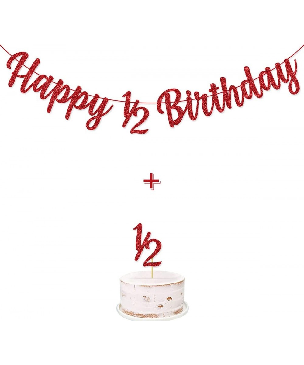 Happy 1/2 Birthday Banner Pre-Strung 1/2 Half Year Cake Topper for Baby's 6 Months Half Year Birthday Party Decorations (Red)...