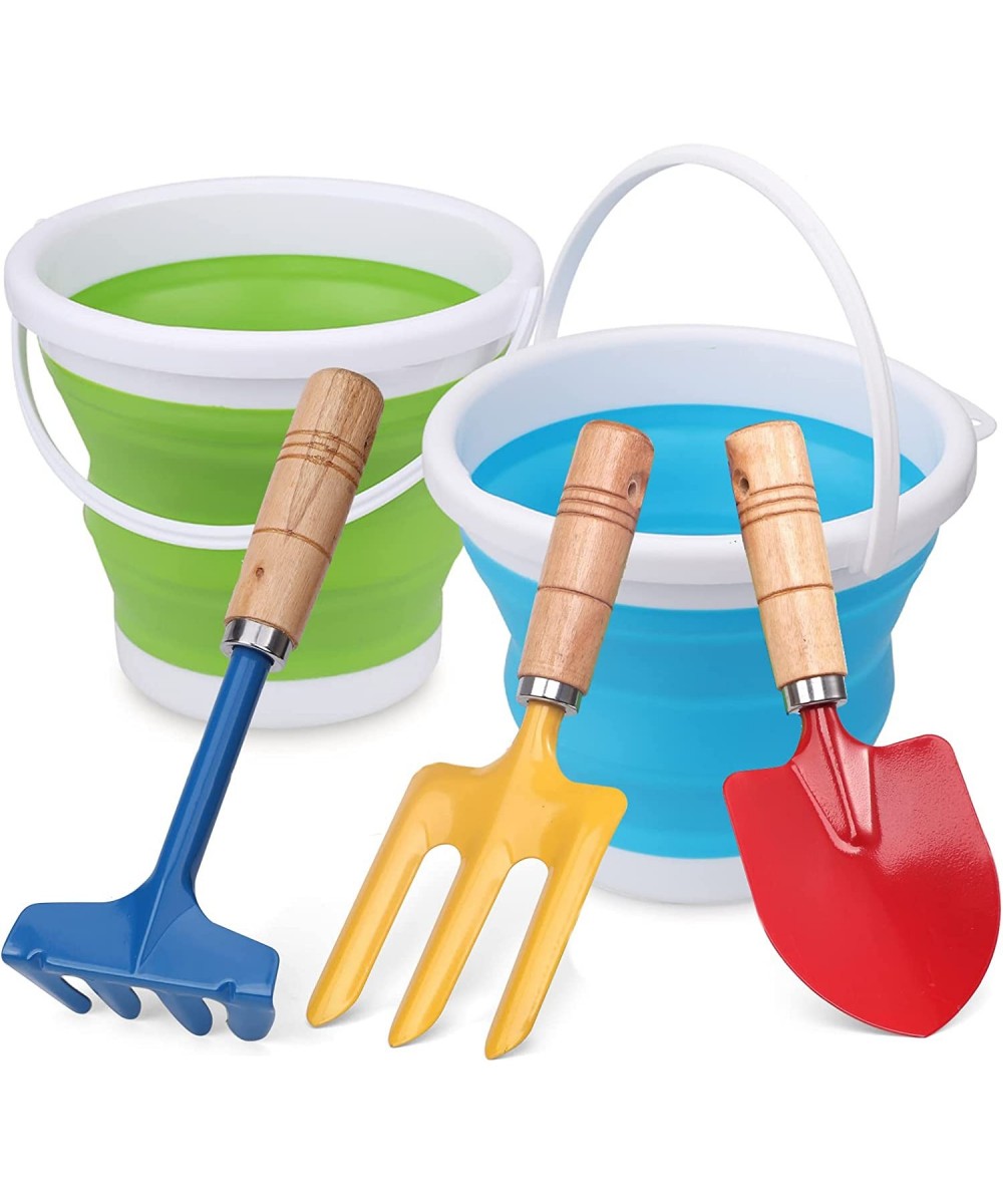 3L Jumbo Foldable Beach Buckets Toy Set 7" Large Sand Collapsible Pails Beach Toys With Metal Shovels Rake Spade Steel Garden...