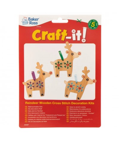 AX307 Reindeer Wooden Cross Stitch Kits - Pack of 5 Christmas Decorations for Kids to Make and Display Ideal Kids Arts and Cr...