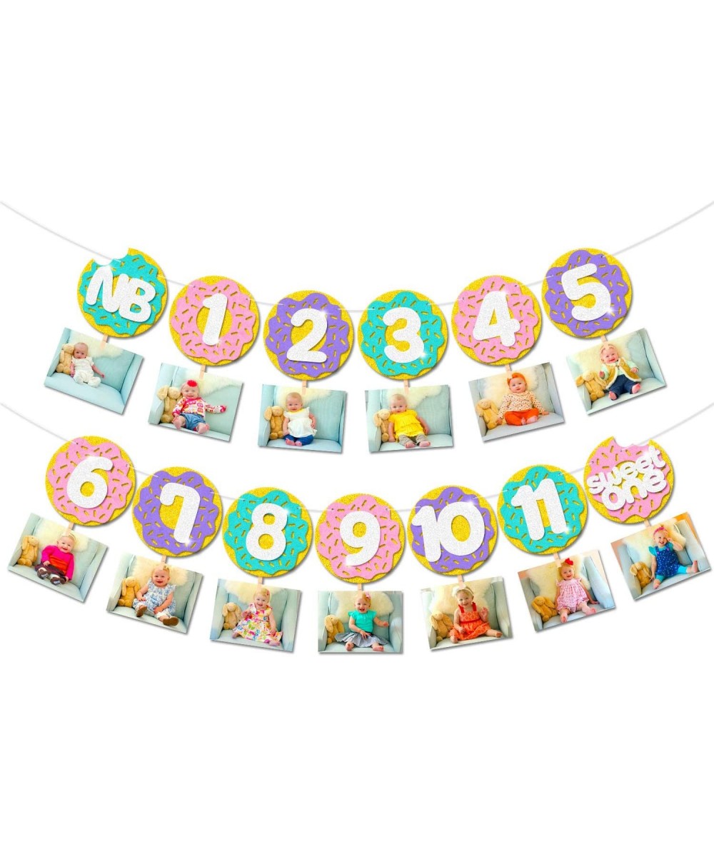 Donut Baby First Birthday Photo Banner Glitter Sweet One Doughnut Sprinkles Kids Monthly Milestone Photo Props Cake Smash Ide...